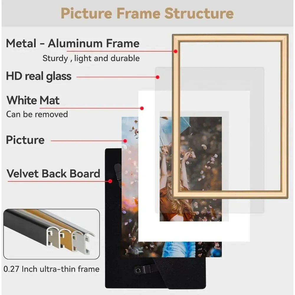 4x6 Picture Frame 4‎ pck, Matted Brass Simple Modern Brushed Thin Aluminum Metal